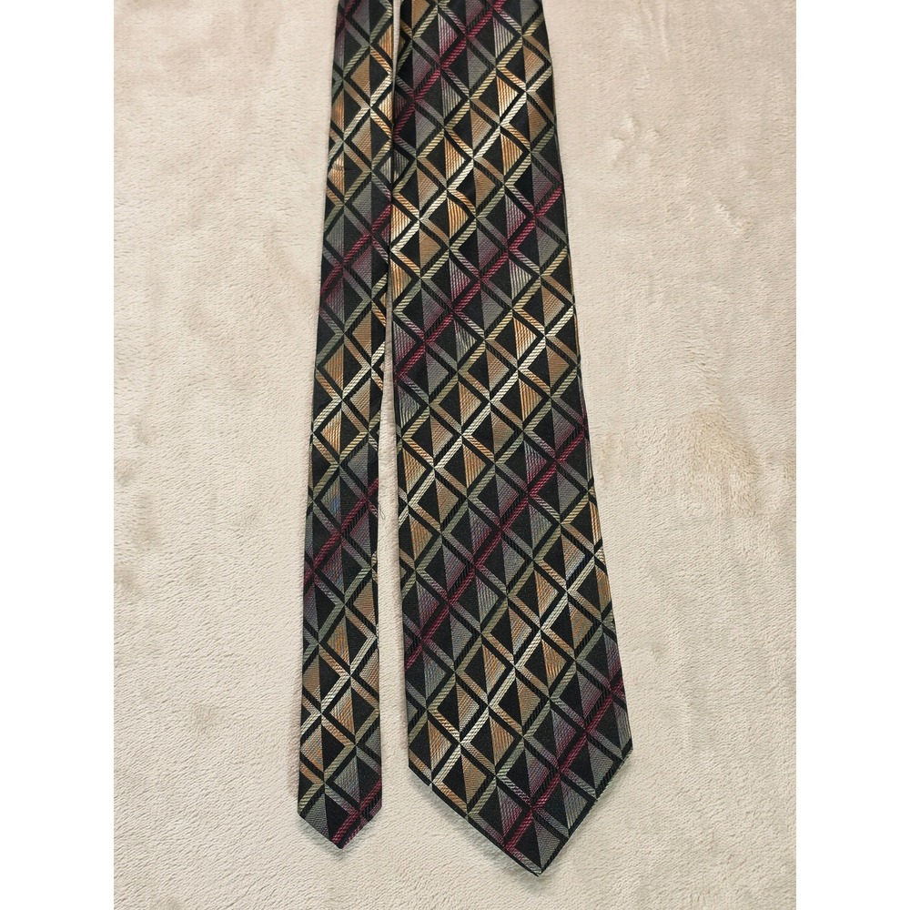 Valerio Garati Mens Silk Tie Geometric Diamond‎ Pattern Black Gold Hand Made